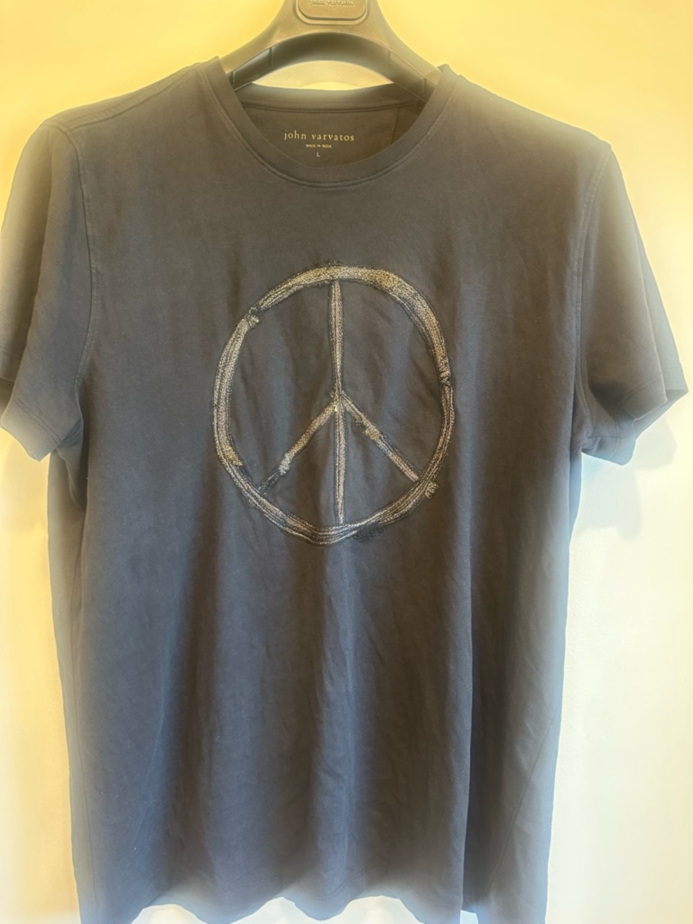 John Varvatos Navy Tee with Distressed Silver Peace Graphic